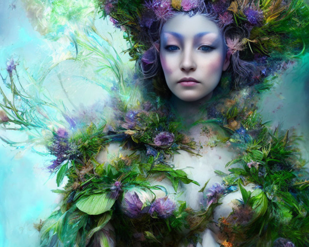 Woman in ethereal makeup and lush greenery costume against dreamy backdrop