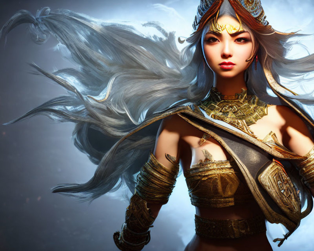 Digital artwork: Female character with silver hair, golden armor, and mystical face markings in moody sky