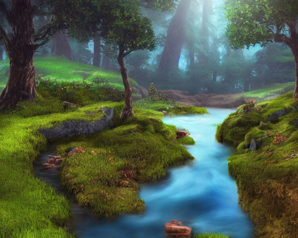 Mystical forest landscape with moss, stream, mist, and ancient trees