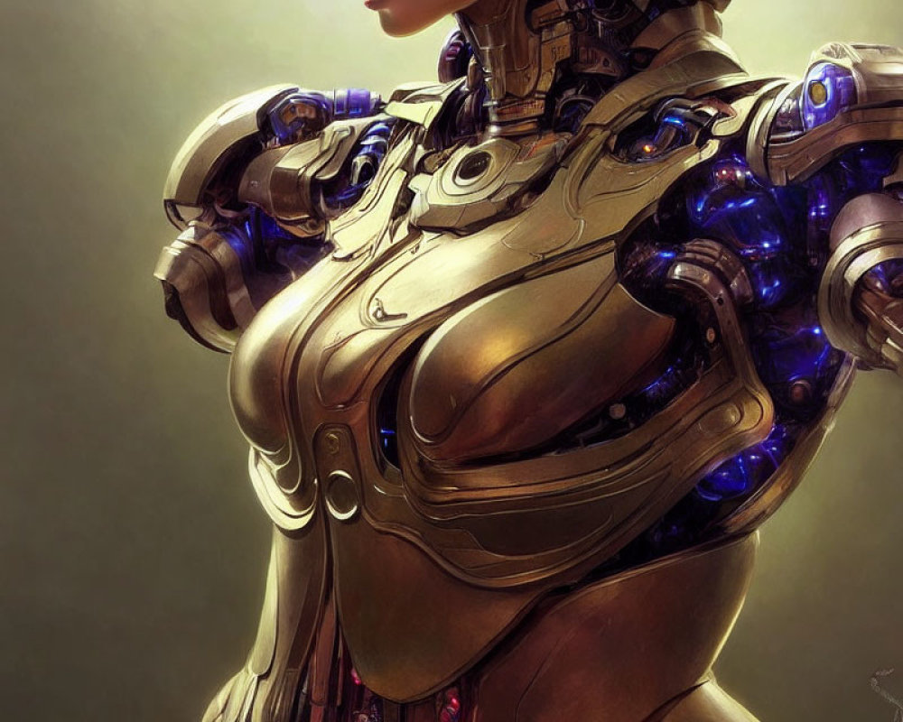 Futuristic humanoid female robot with intricate armor and glowing blue lights