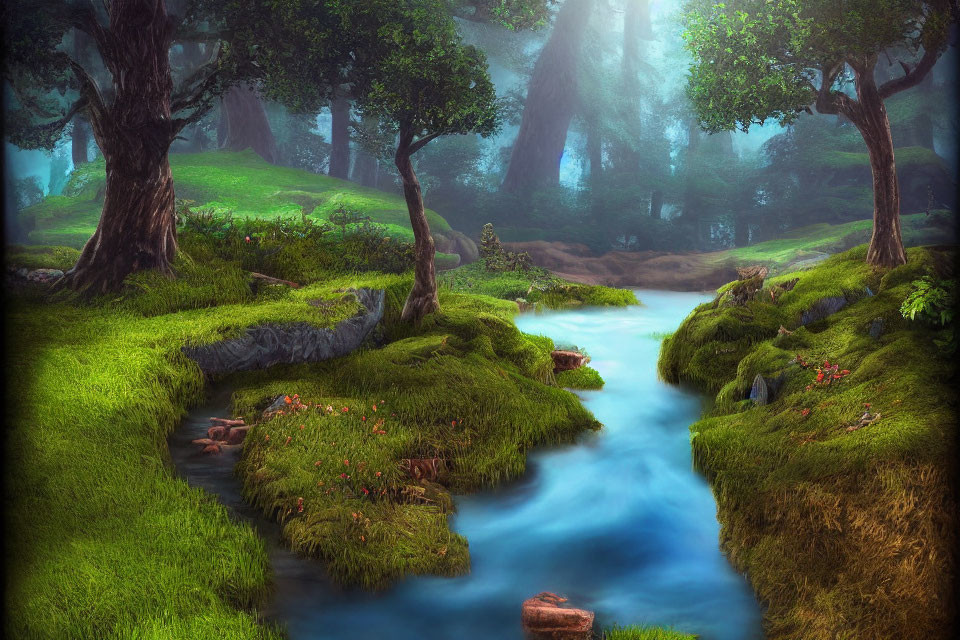 Mystical forest landscape with moss, stream, mist, and ancient trees