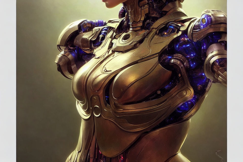 Futuristic humanoid female robot with intricate armor and glowing blue lights