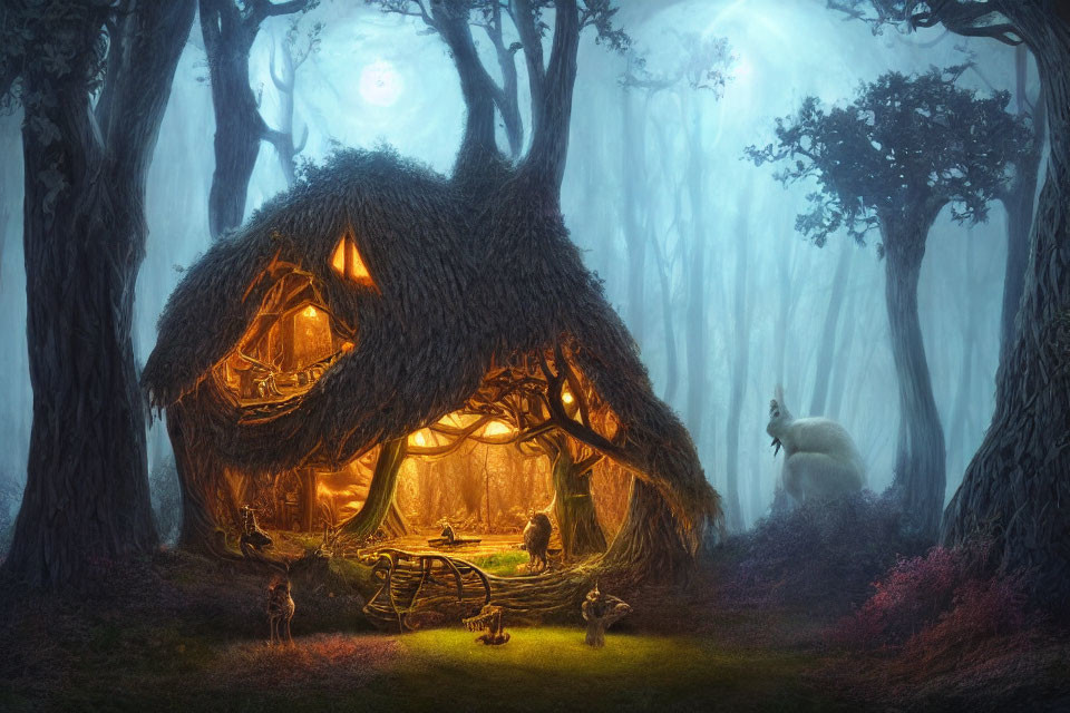 Mystical thatched-roof cottage in enchanted forest with curious creature and flora