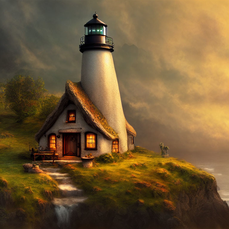 Thatched roof lighthouse on grassy cliff at dusk