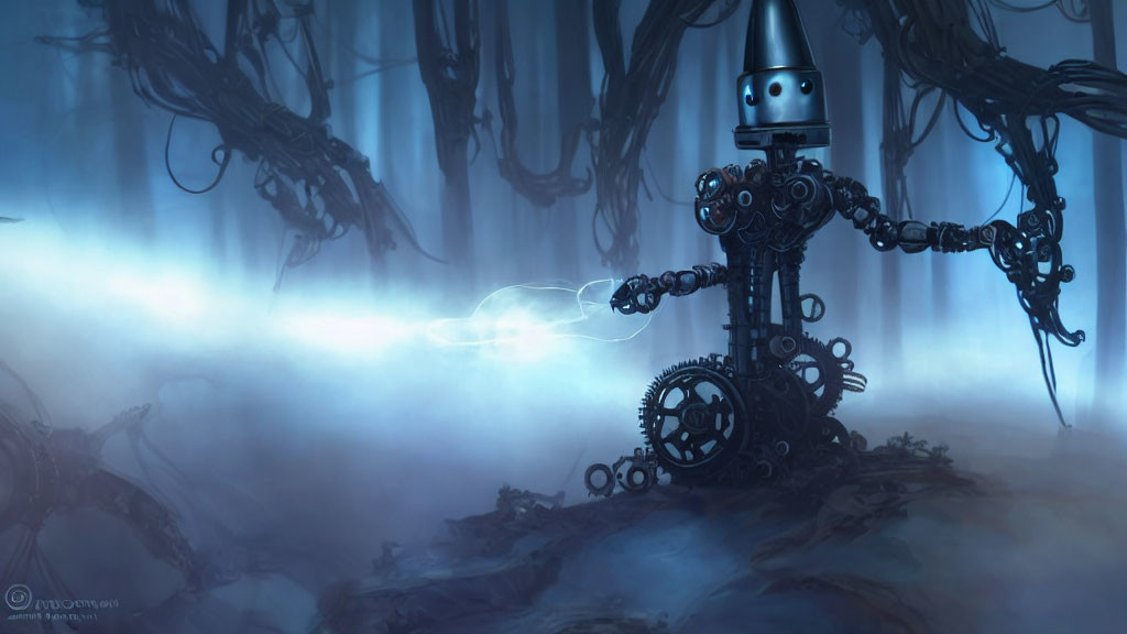 Glowing heart robot in mystical forest with ethereal creature