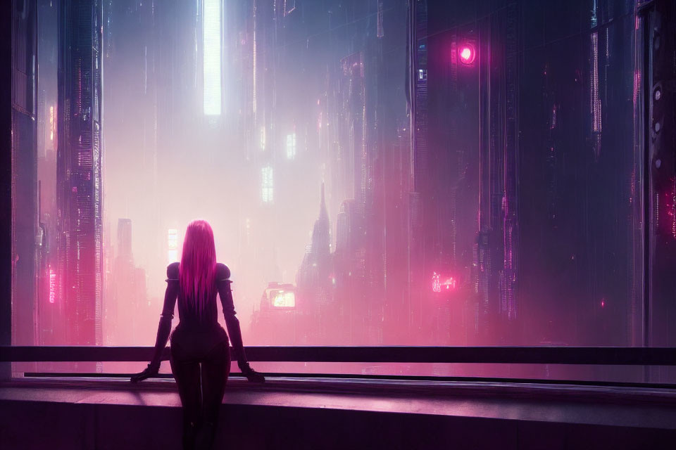 Futuristic cityscape with pink and blue neon lights