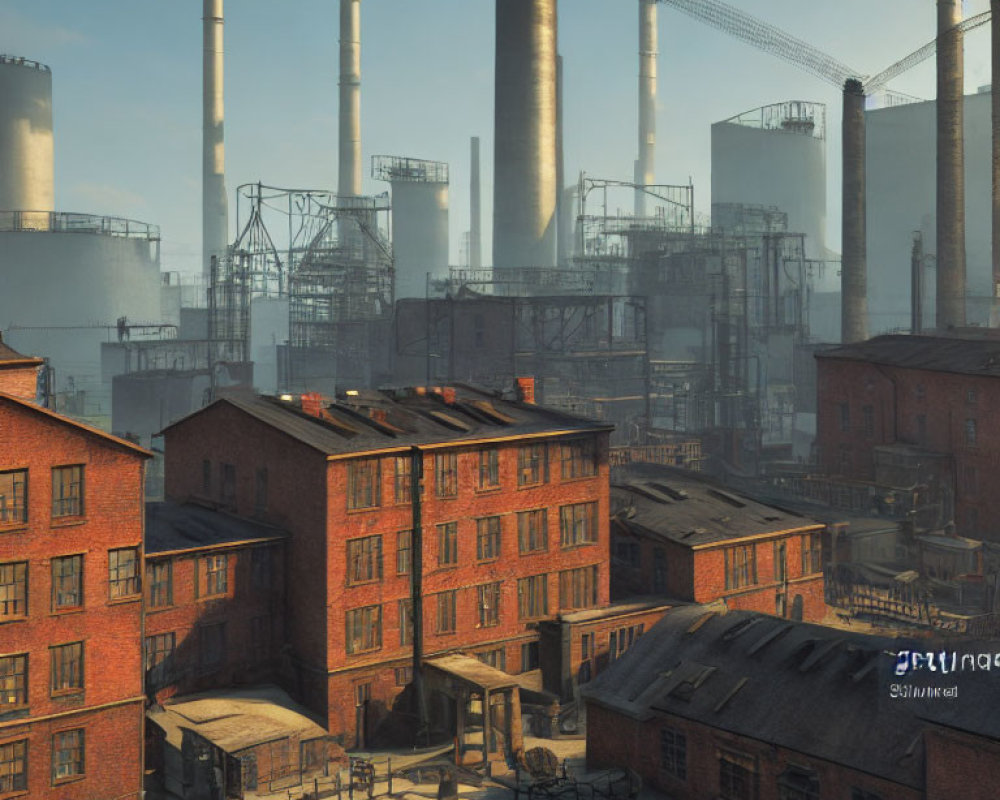 Old brick buildings and tall smokestacks in industrial scene under clear sky