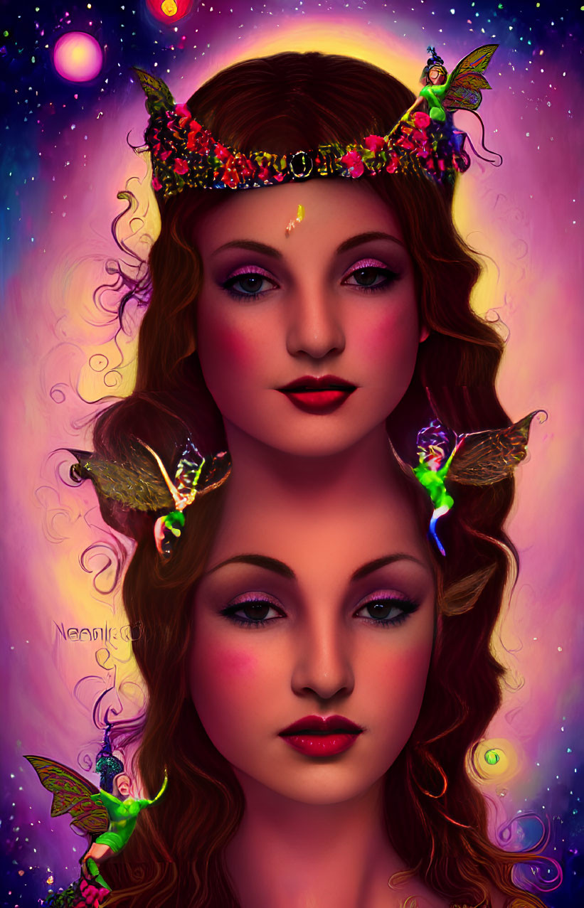 Digital portrait of woman with flower crown and butterflies against vibrant cosmic background