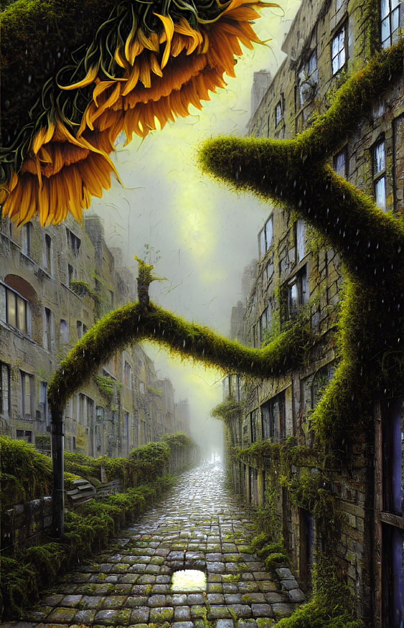 Surreal cobblestone alley with giant sundew arch and sunflowers in mystical fog