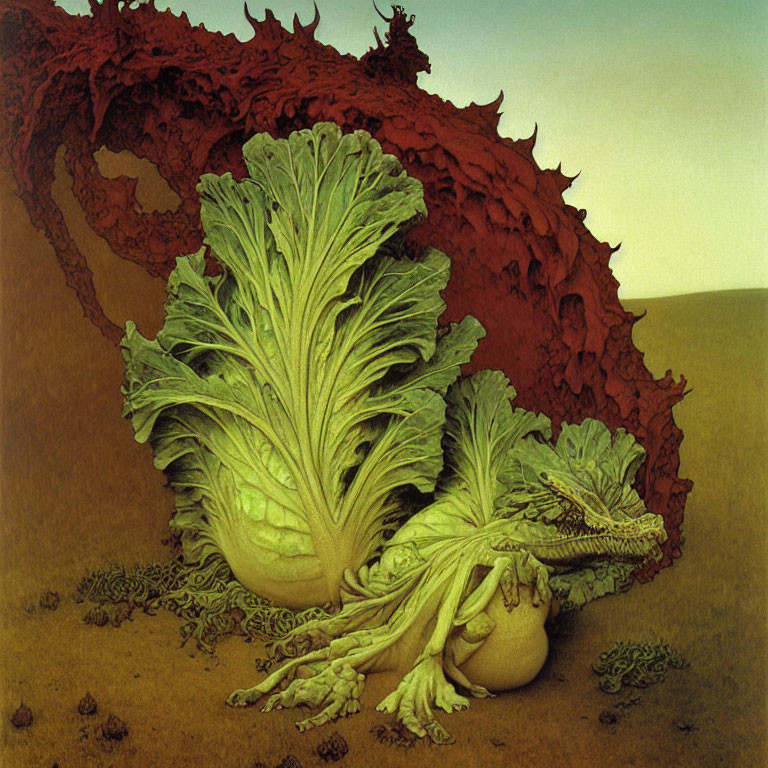 Surreal painting: Dragon merging with bok choy in barren landscape