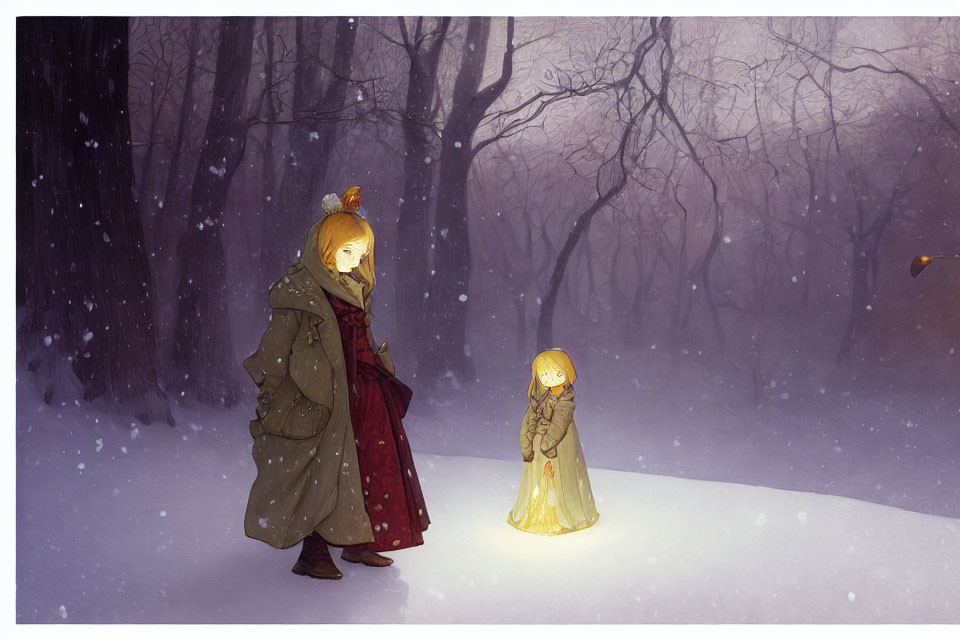 Digital illustration: Two characters in snowy forest, one with lantern, gazing at glowing figure