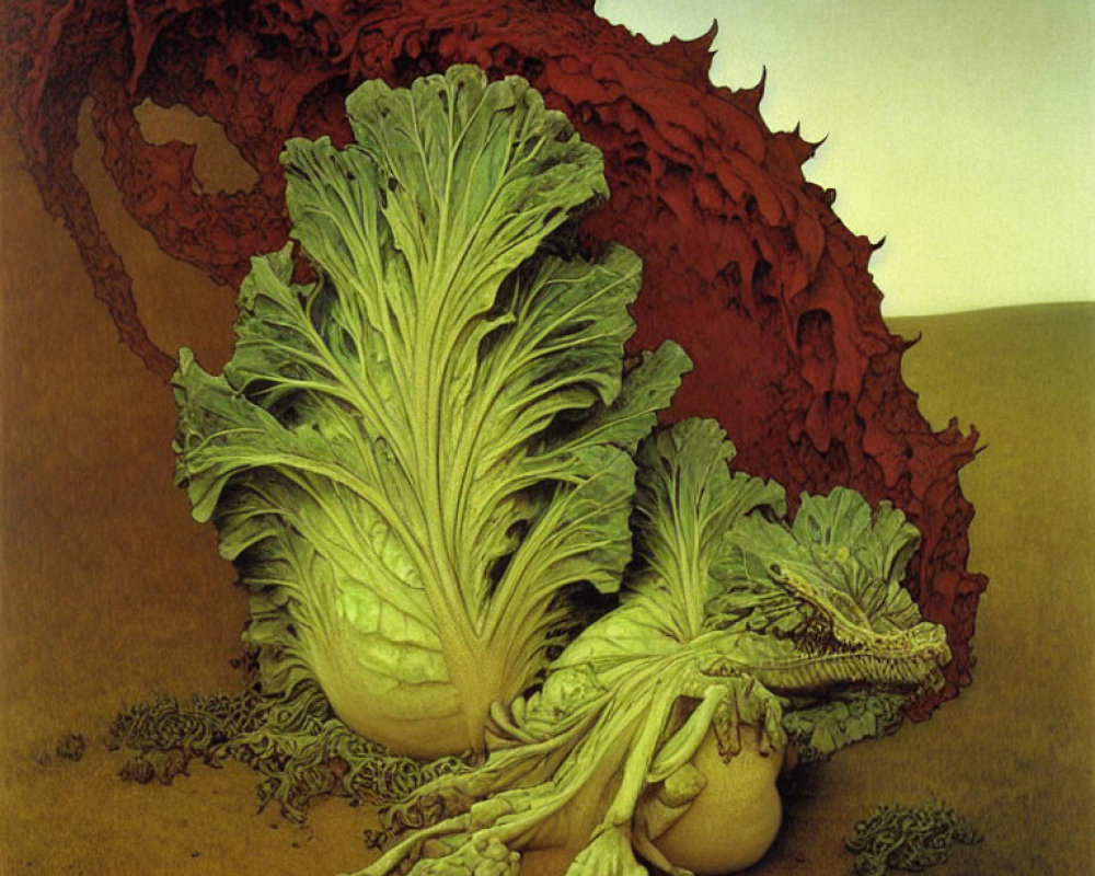 Surreal painting: Dragon merging with bok choy in barren landscape