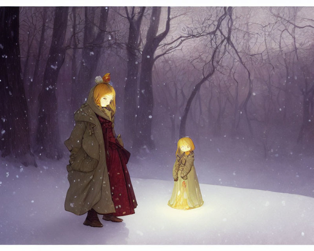 Digital illustration: Two characters in snowy forest, one with lantern, gazing at glowing figure