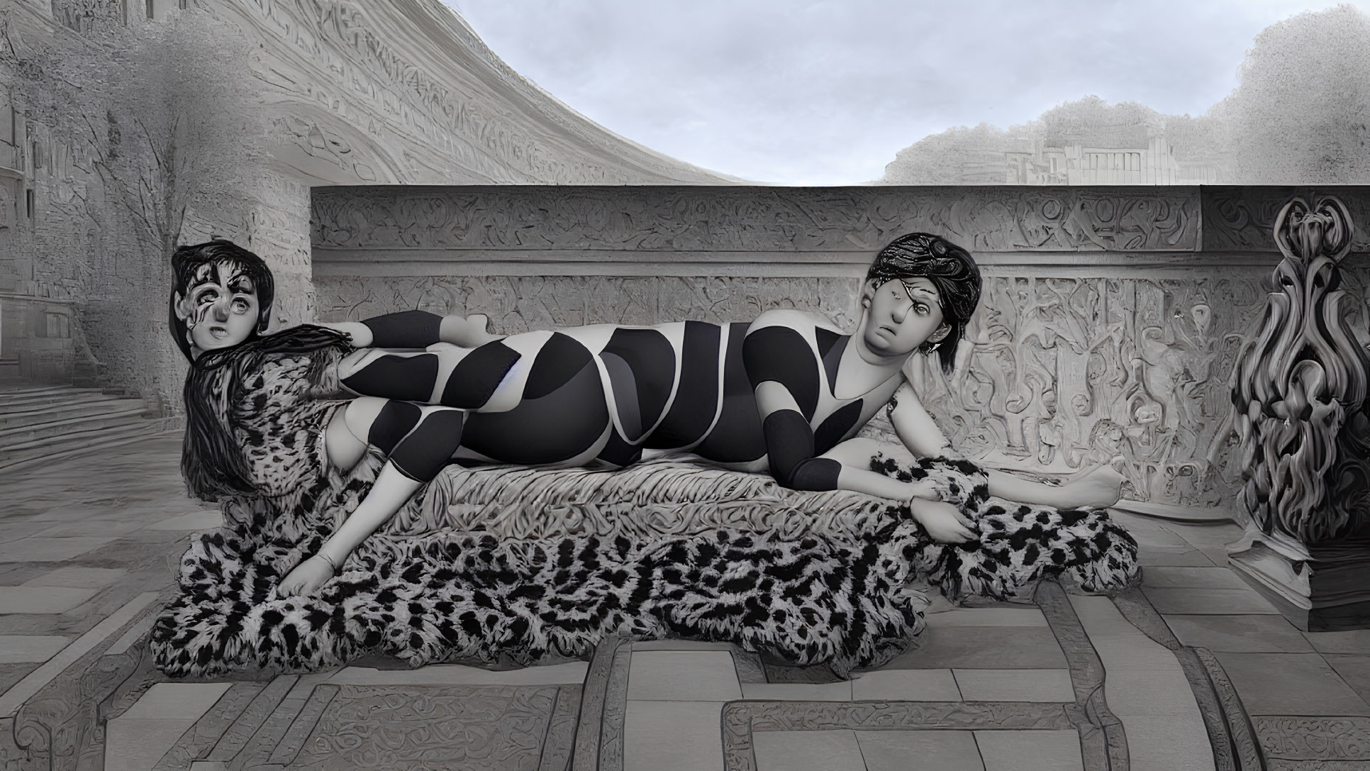 Monochrome illustration of person on leopard-print bench in classical setting