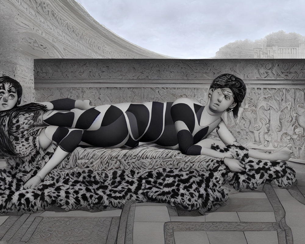 Monochrome illustration of person on leopard-print bench in classical setting