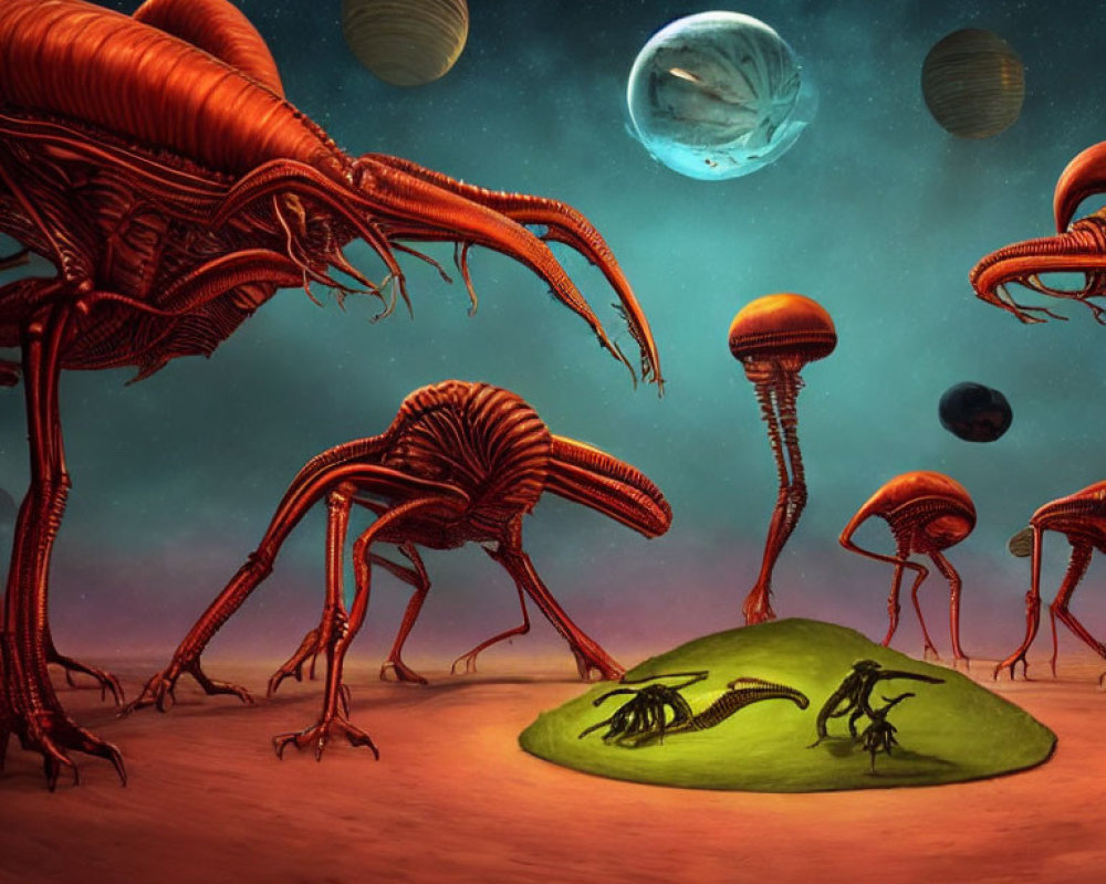 Surreal alien landscape with giant insects and moons