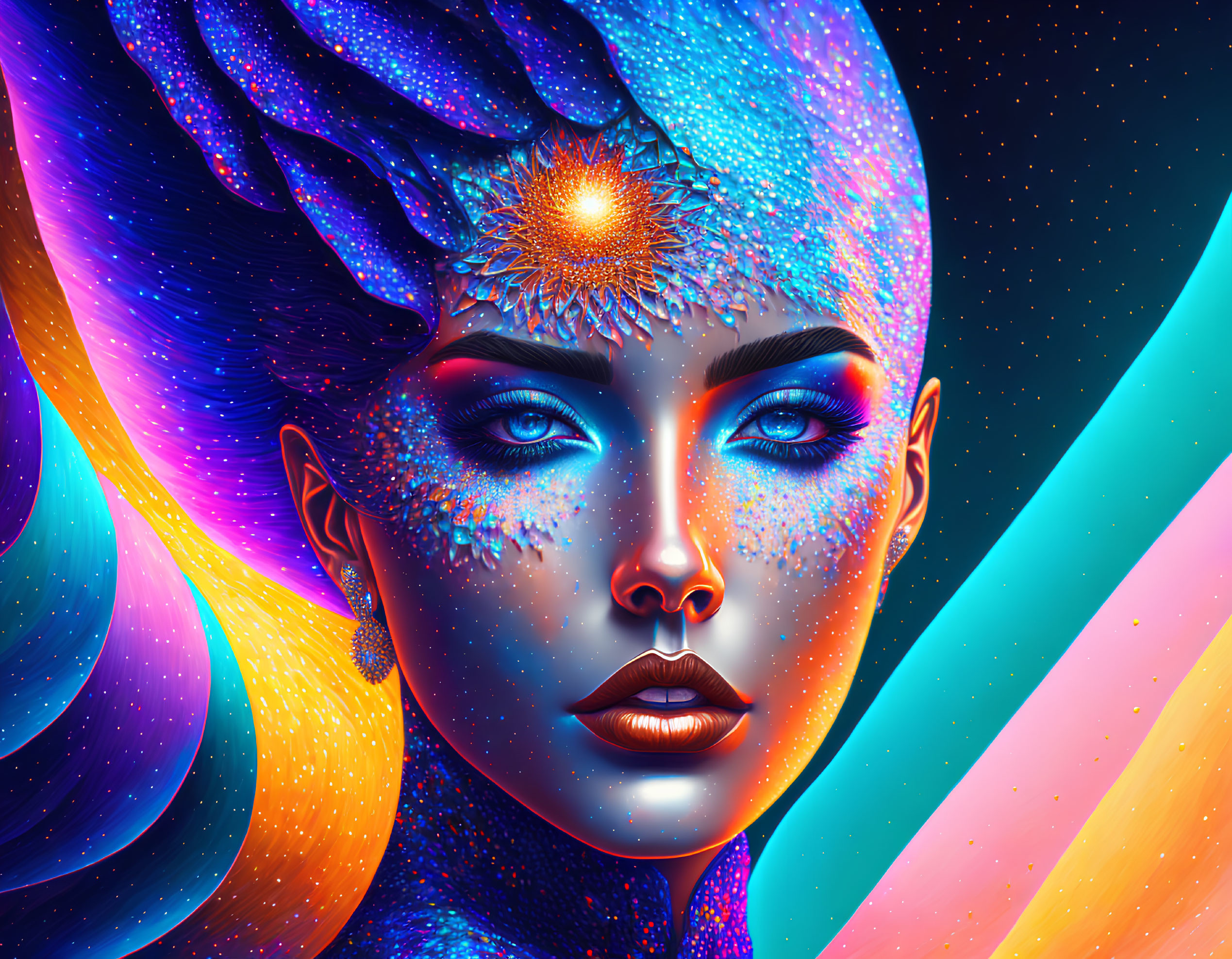 Colorful digital artwork: Blue-skinned woman with cosmic motifs in space.