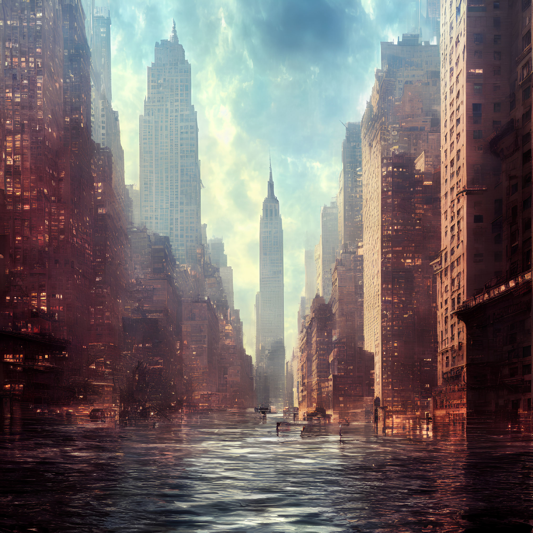 Submerged post-apocalyptic cityscape with hazy sunlight.