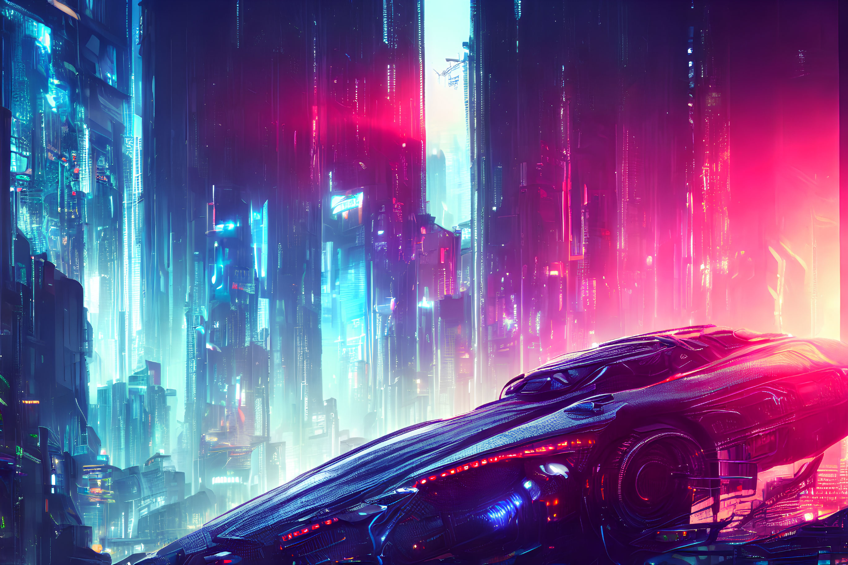 Futuristic cityscape with neon lights, rain, and hover car