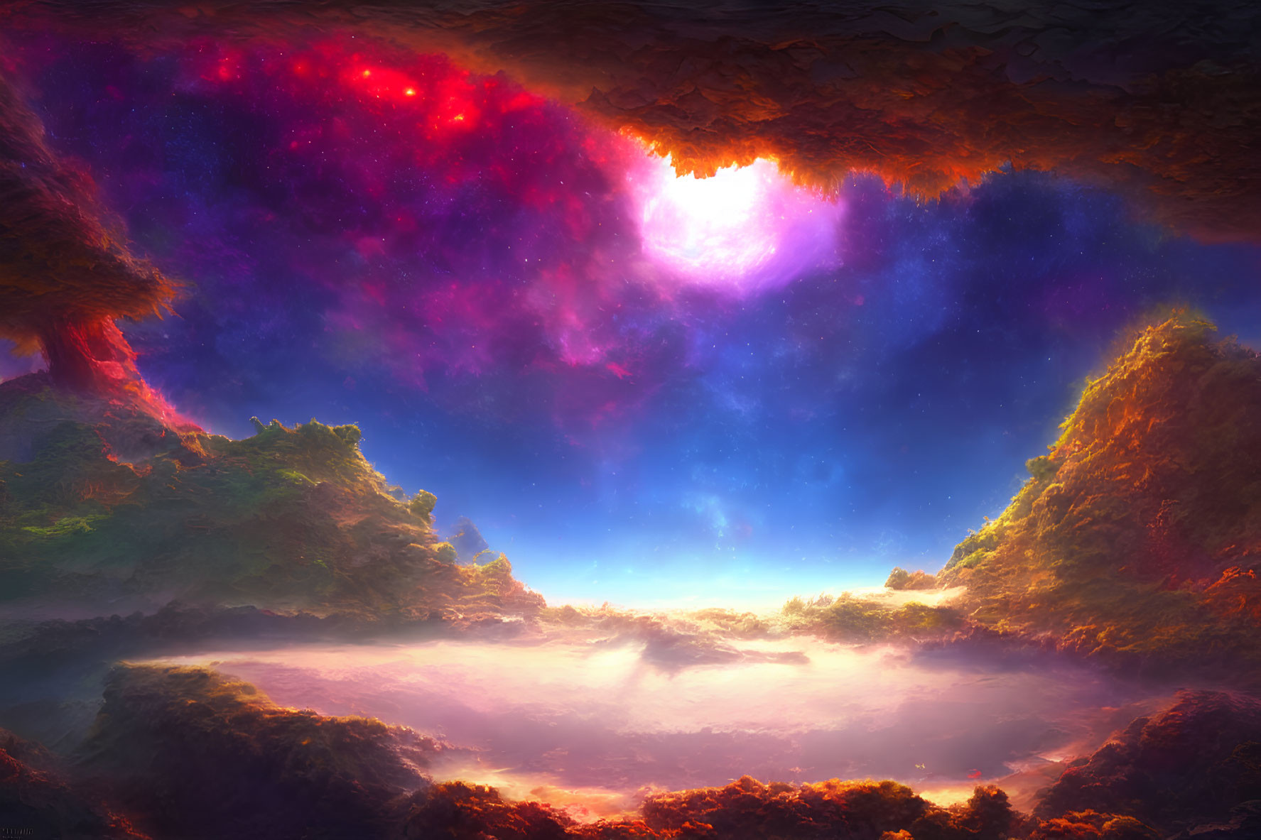 Vibrant fantasy landscape with cosmic sky and serene valley