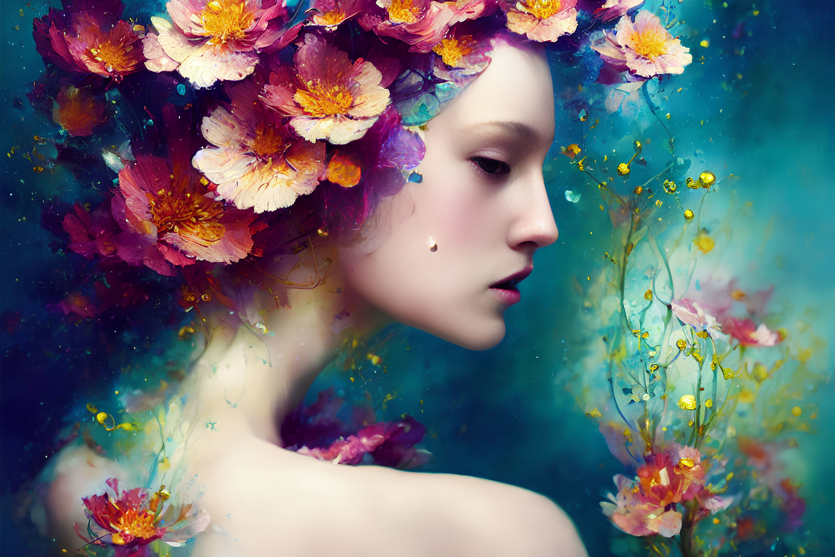 Serene woman with floral crown in pink and purple hues on dreamy blue backdrop