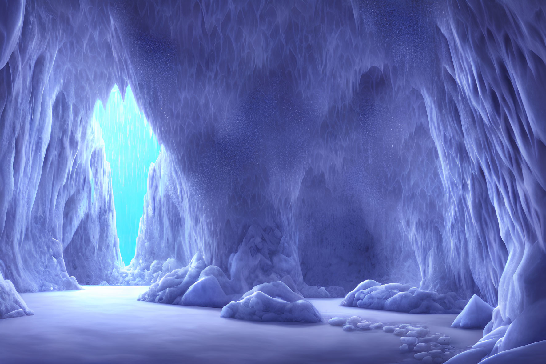 Glowing blue ice cave with sparkling walls and smooth icy floors