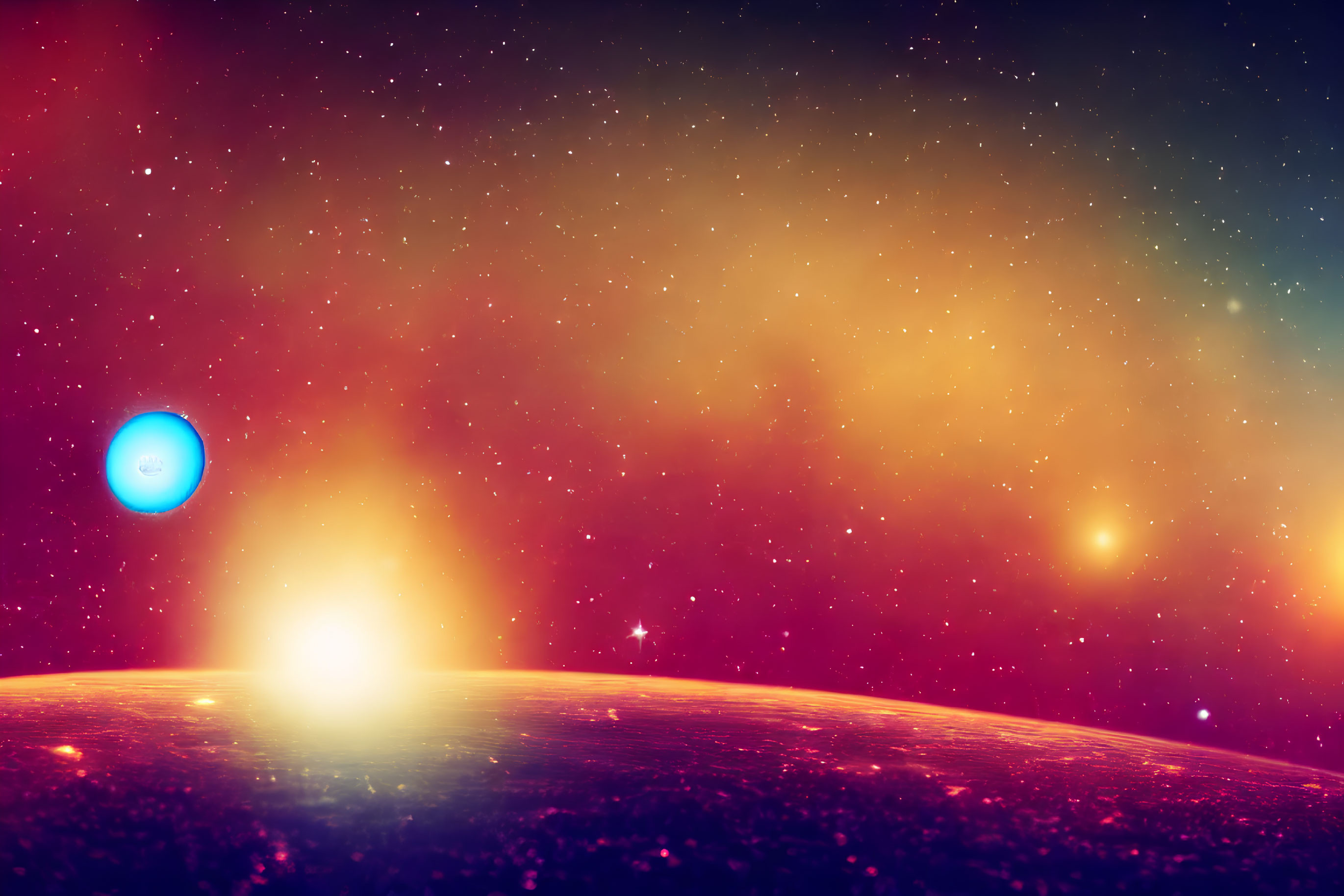 Vibrant space scene with bright sun, planet horizon, stars, and blue celestial body.