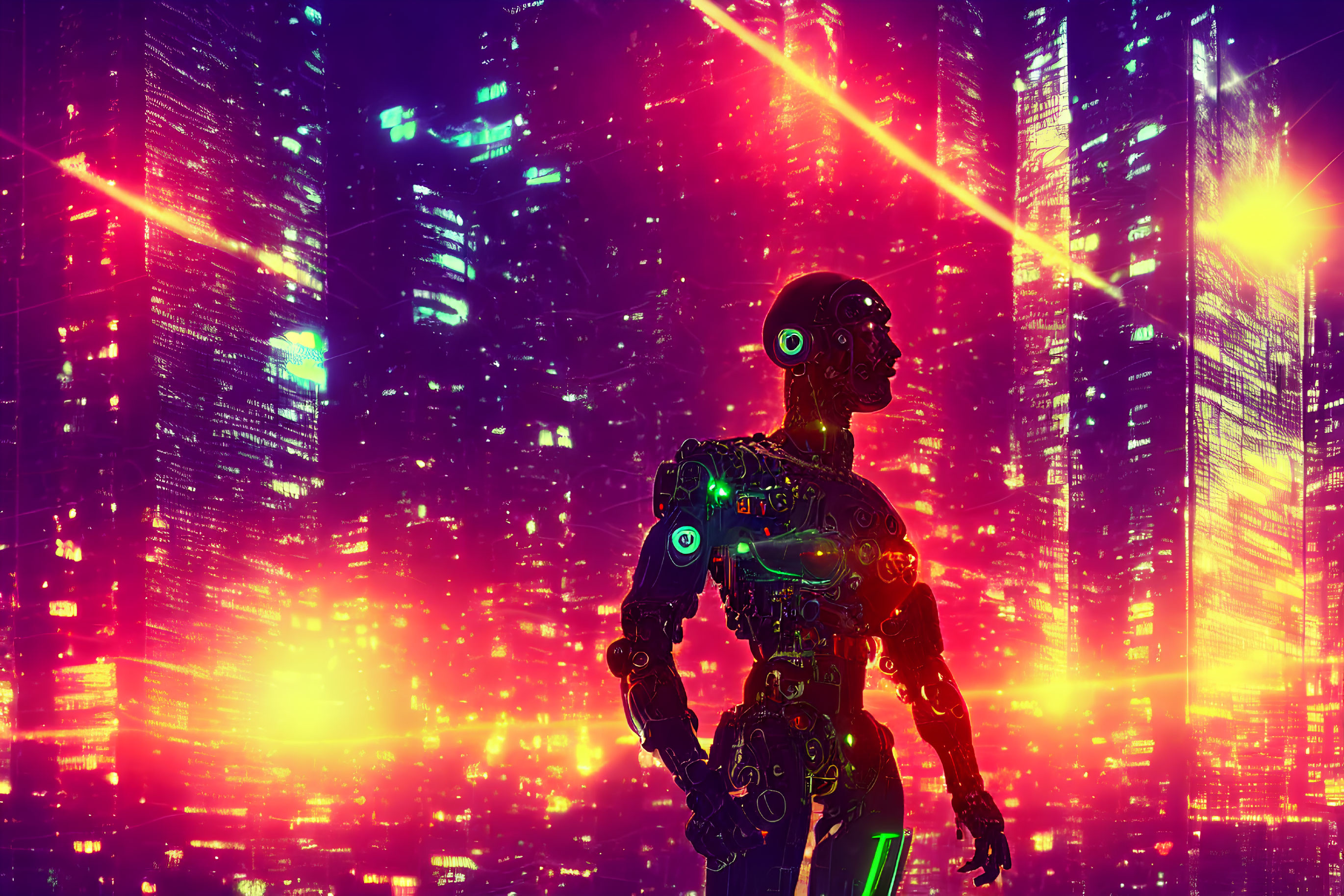 Android gazes at vibrant cyberpunk cityscape at night