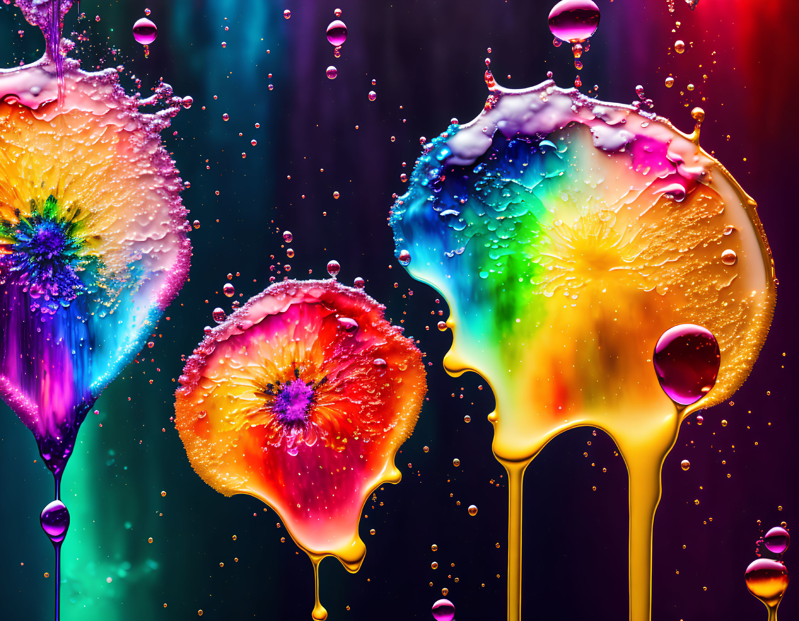 Vibrant liquid splashes in flower shapes on dark gradient background