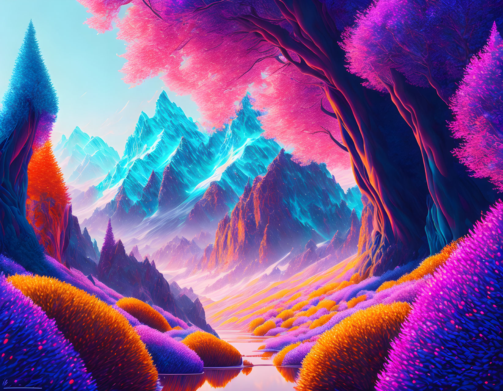 Colorful fantasy landscape: electric blue mountains, river, pink & purple foliage under ethereal sky