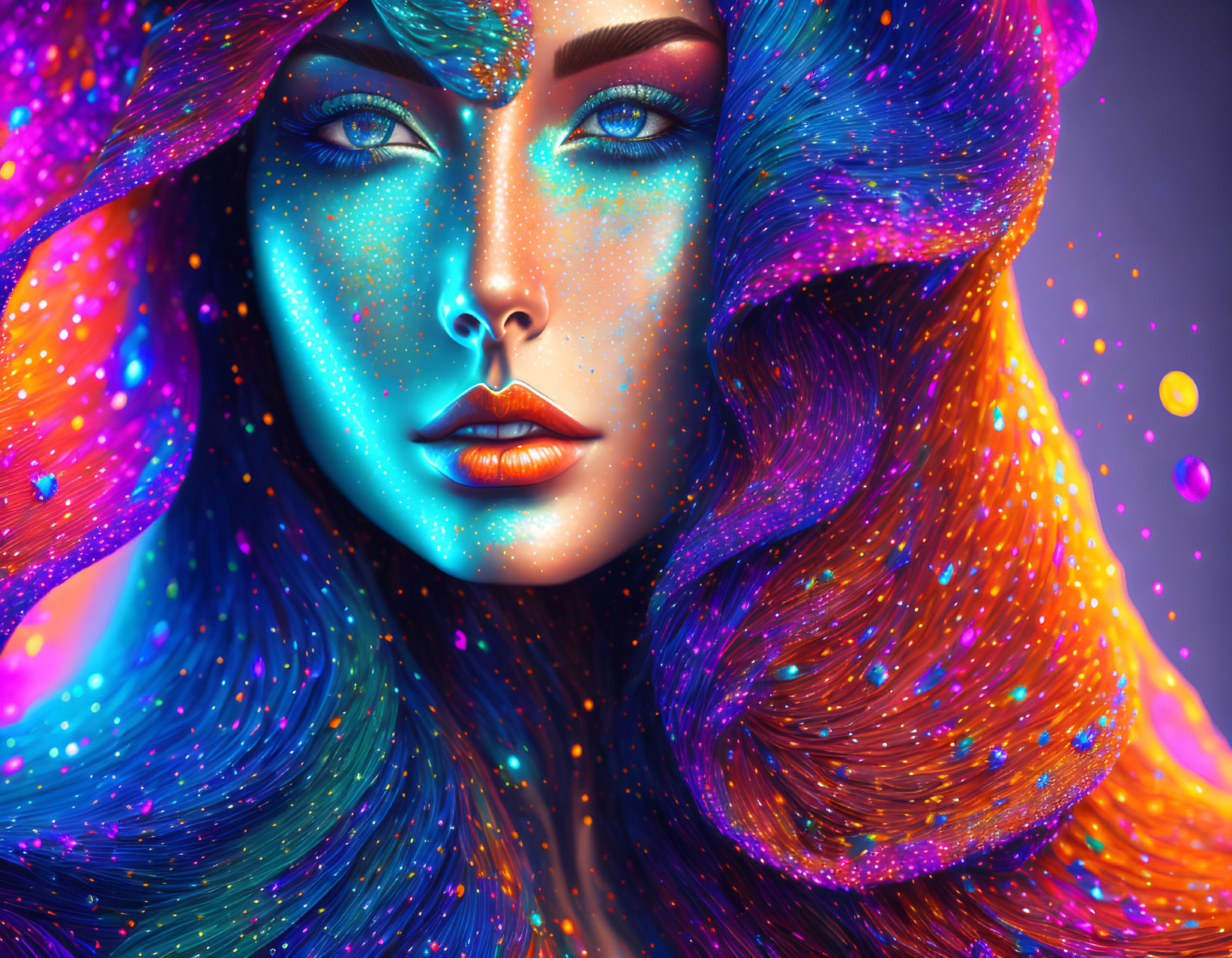 Colorful digital portrait: Woman with galaxy hair on blue background