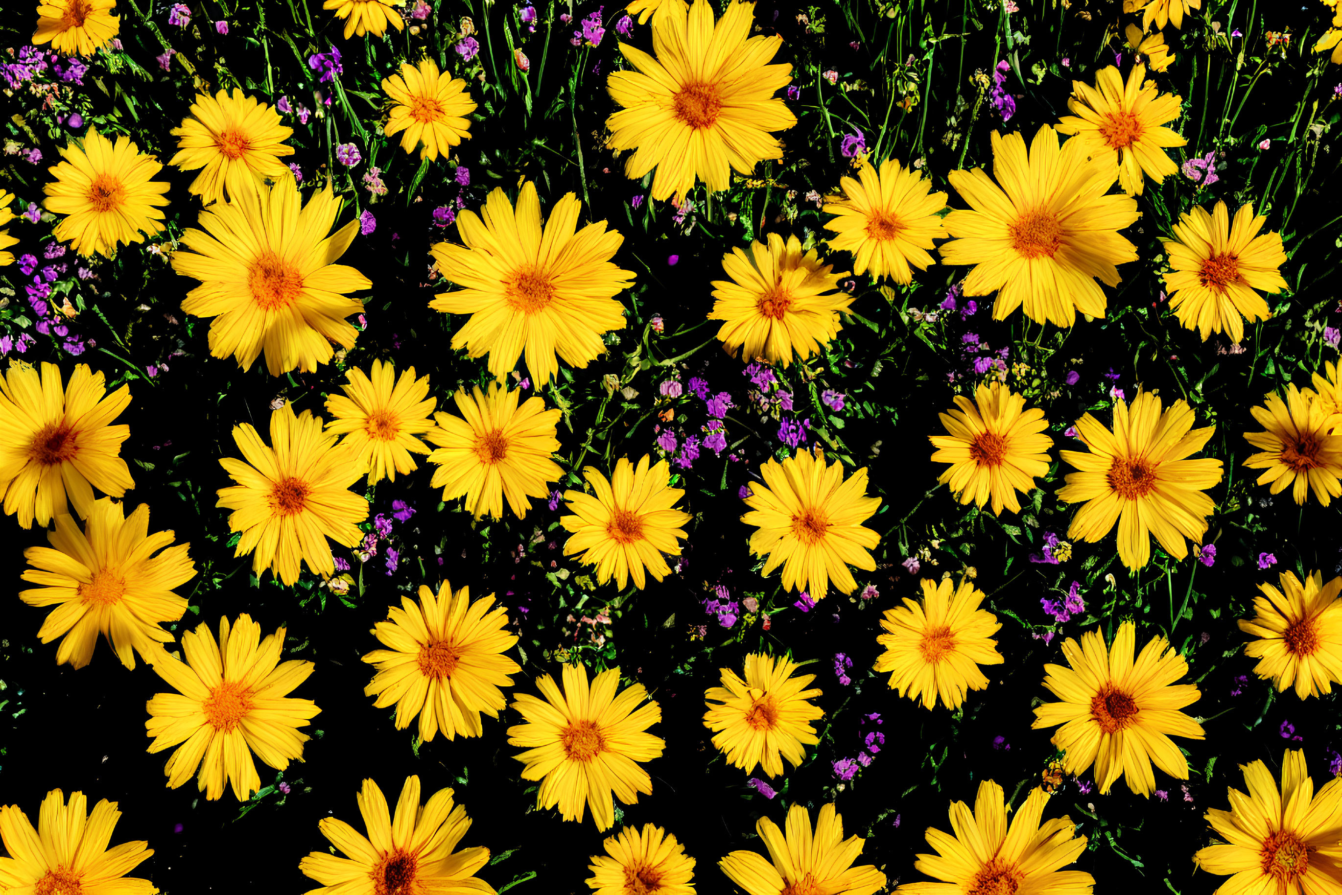 Bright Yellow Daisy-Like Flowers with Dark Green Leaves and Small Purple Blooms