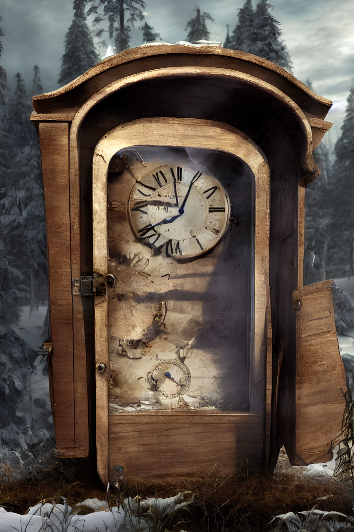 Vintage wooden grandfather clock in snowy forest with exposed gears and frozen time