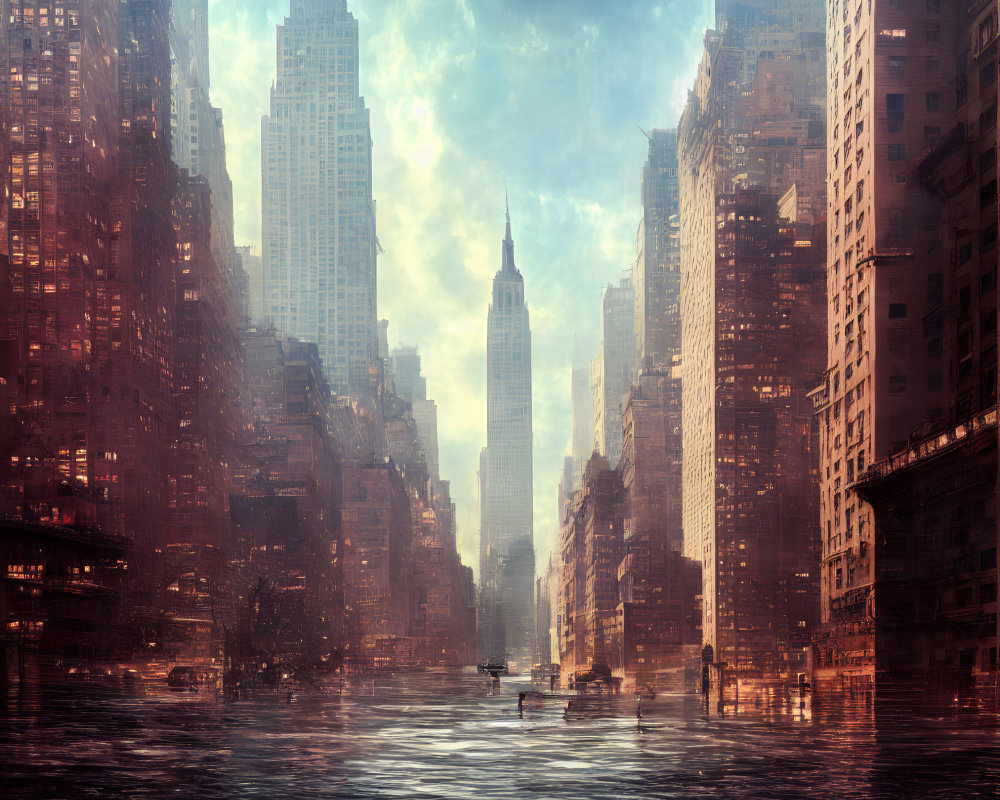 Submerged post-apocalyptic cityscape with hazy sunlight.