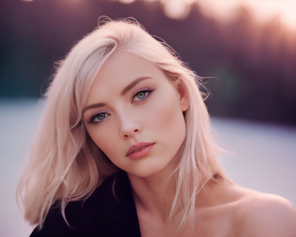 Blonde woman portrait with striking eyes and bare shoulder