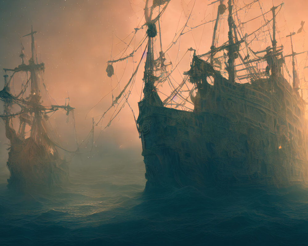 Ghostly pirate ships with tattered sails in foggy, amber sea