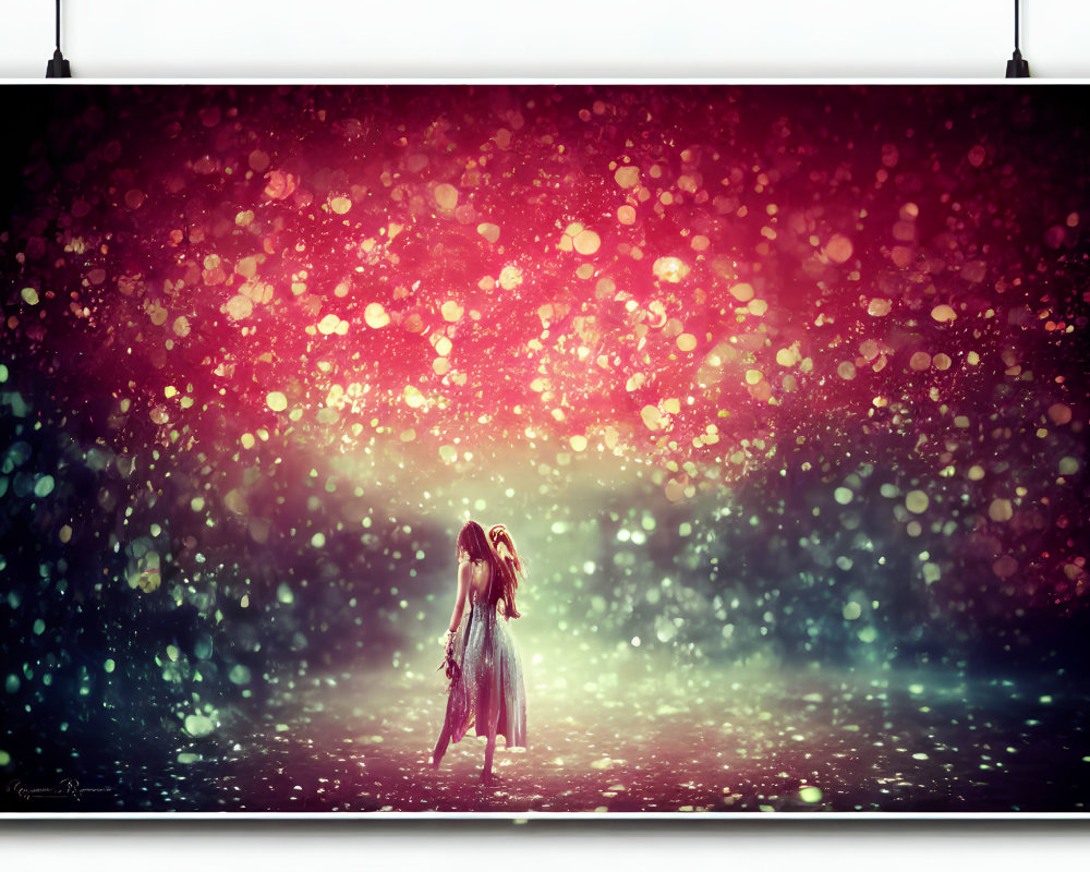 Person in dreamy fantasy environment with sparkles and bokeh lights