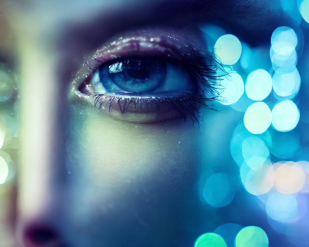 Detailed Close-Up of Tearful Eye with Blue Tones and Bokeh Light Effects