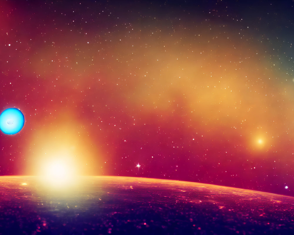 Vibrant space scene with bright sun, planet horizon, stars, and blue celestial body.