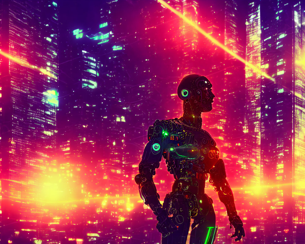 Android gazes at vibrant cyberpunk cityscape at night