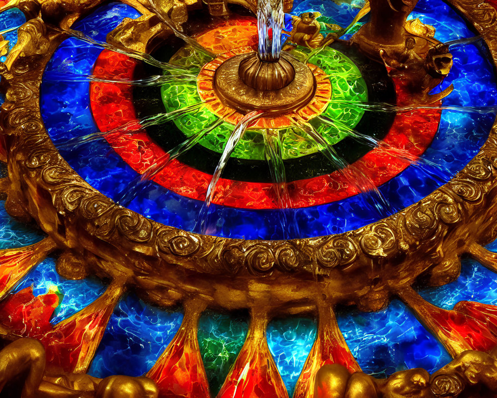 Colorful Mosaic Fountain with Golden Sculptures and Illuminated Glass