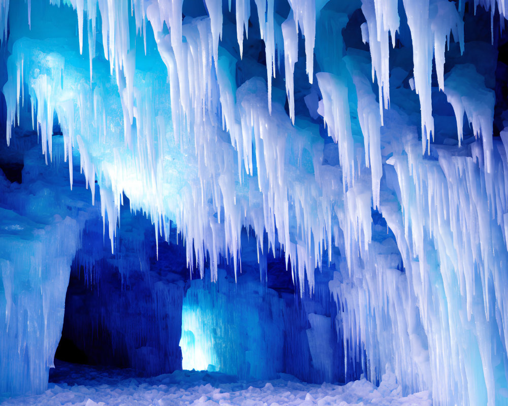 Blue-walled ice cave with hanging icicles and soft light