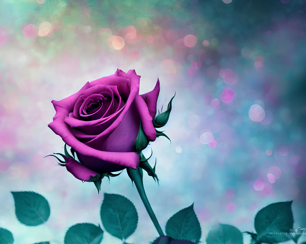 Vibrant Purple Rose with Green Leaves on Teal, Pink, and Purple Bokeh Background