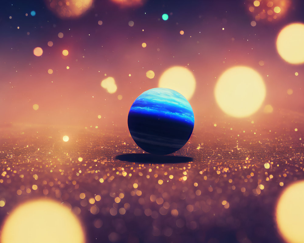 Surreal glossy sphere with blue stripes on warm bokeh backdrop