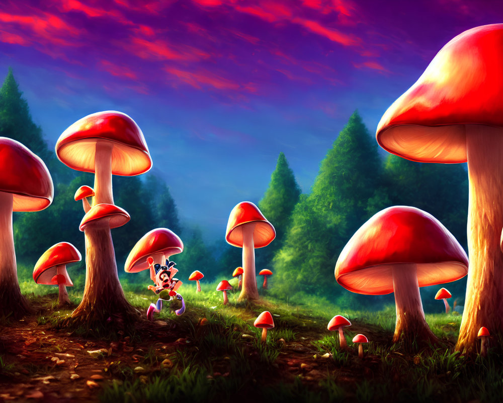 Fantasy forest with red mushrooms and whimsical character under purple sky