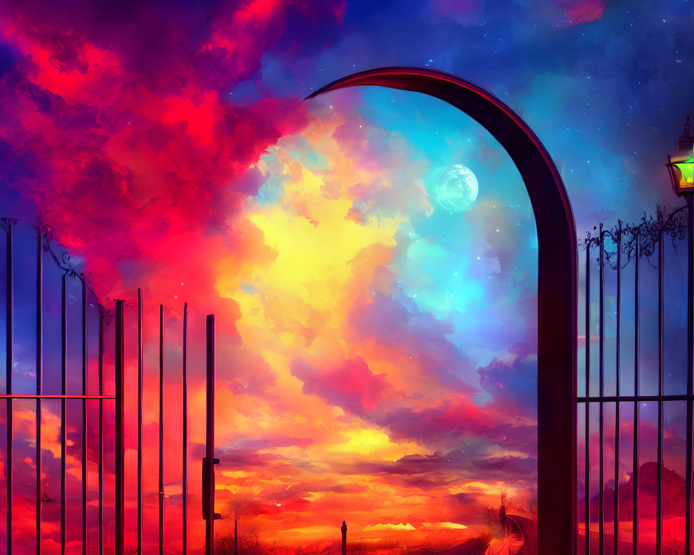 Vibrant sunset sky with open gate, full moon, and lamp post