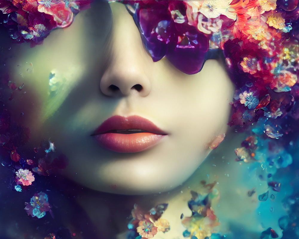 Woman's face submerged in water with vibrant flowers - Dreamlike image