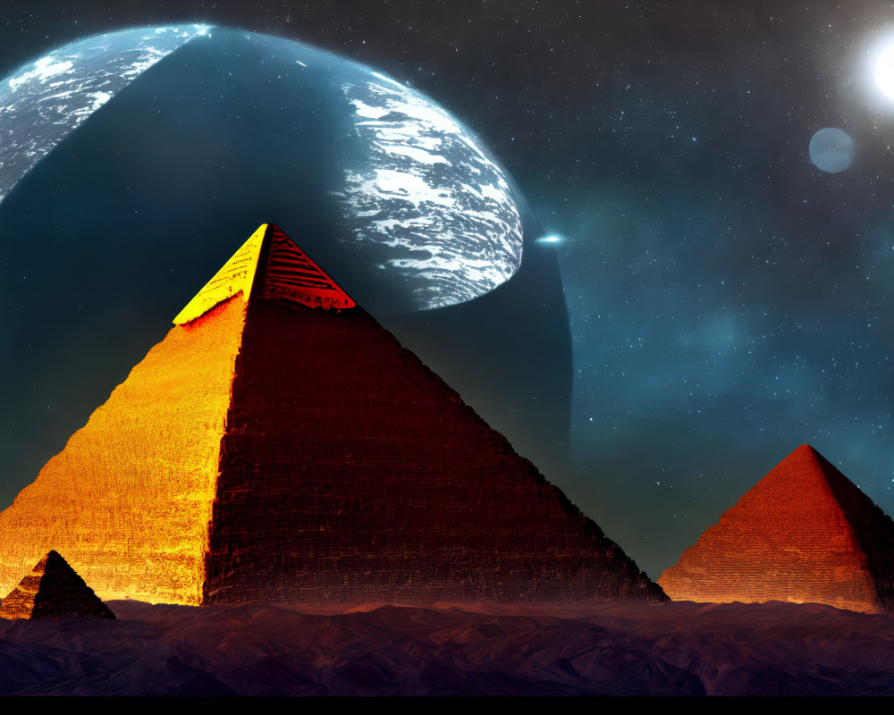 Illuminated Pyramids on Desert Terrain Under Night Sky