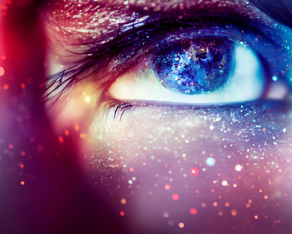 Vividly colored eye with sparkles and blue hues in dreamy close-up