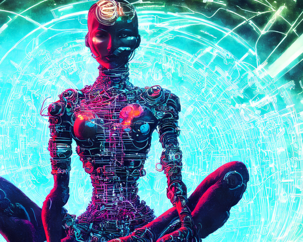 Cybernetic being with glowing red heart in intricate wiring against vibrant technologic backdrop